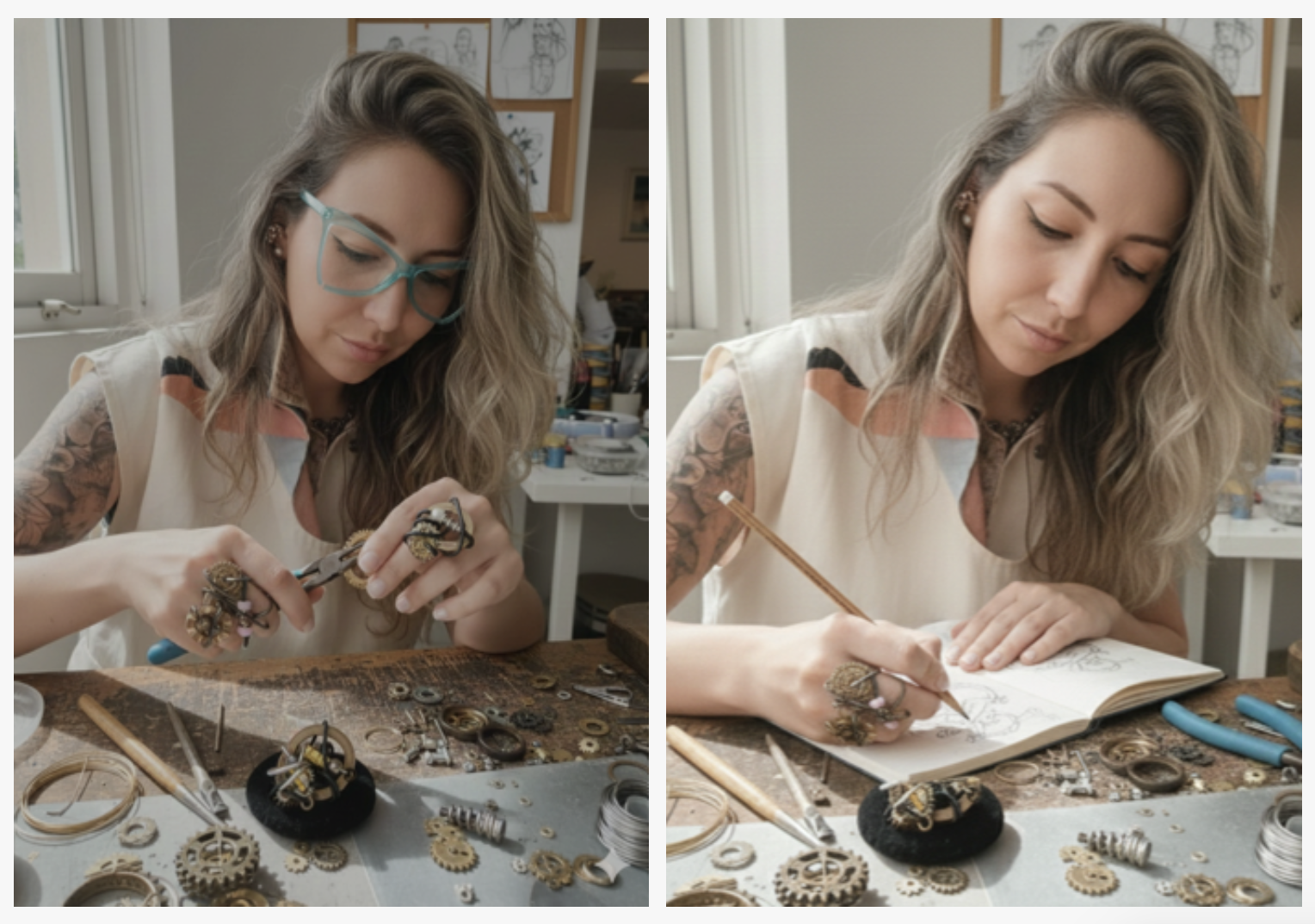 Lina María Ortiz Quimbay trabajando con alicates y bocetando en su taller